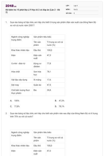 Đề kiểm tra 15 phút Địa Lí 9 Học kì 2 có đáp án (Lần 2 - Đề 2)
