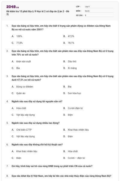 Đề kiểm tra 15 phút Địa Lí 9 Học kì 2 có đáp án (Lần 2 - Đề 3)