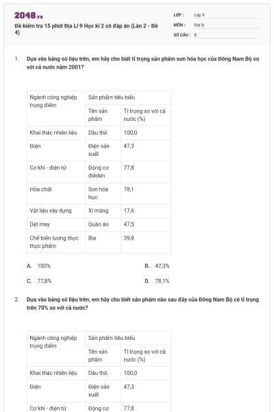 Đề kiểm tra 15 phút Địa Lí 9 Học kì 2 có đáp án (Lần 2 - Đề 4)