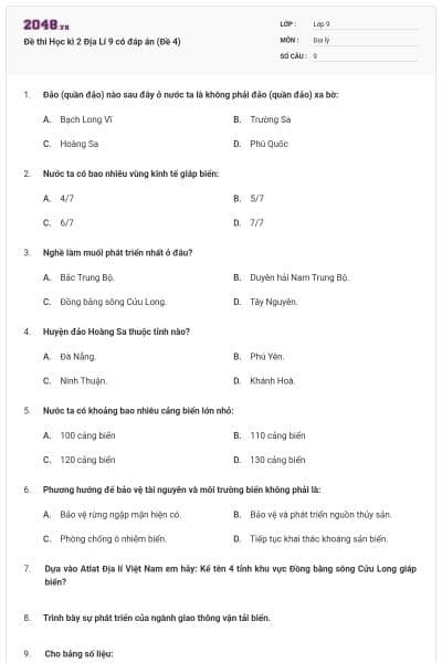 Đề thi Học kì 2 Địa Lí 9 có đáp án (Đề 4)