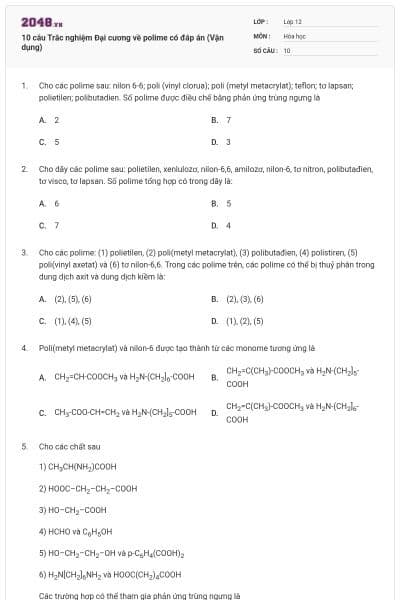 10 câu Trắc nghiệm Đại cương về polime có đáp án (Vận dụng)