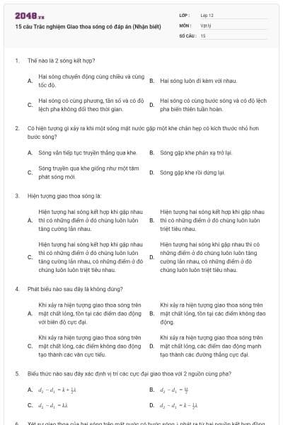 15 câu Trắc nghiệm Giao thoa sóng có đáp án (Nhận biết)