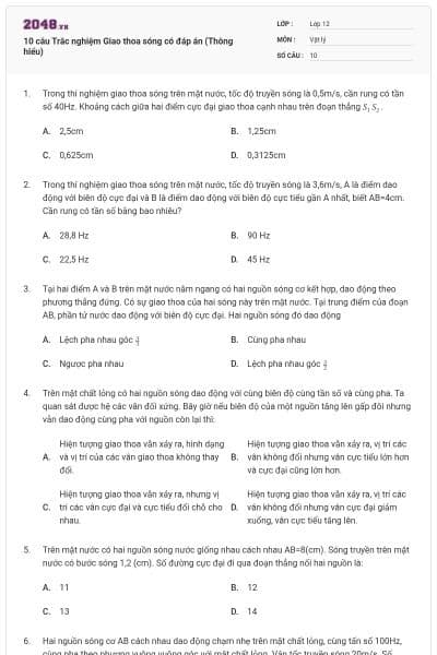 10 câu Trắc nghiệm Giao thoa sóng có đáp án (Thông hiểu)