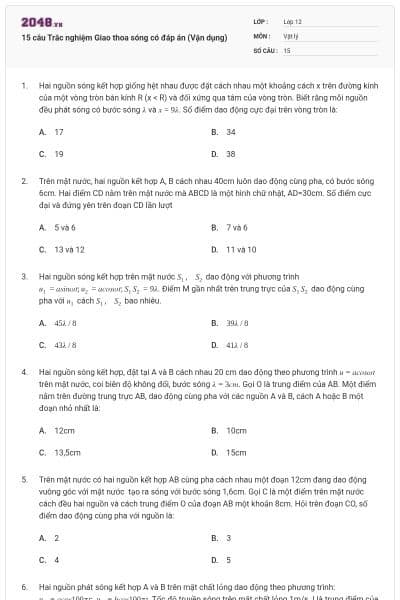 15 câu Trắc nghiệm Giao thoa sóng có đáp án (Vận dụng)