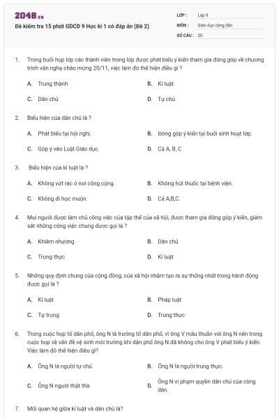 Đề kiểm tra 15 phút GDCD 9 Học kì 1 có đáp án (Đề 2)