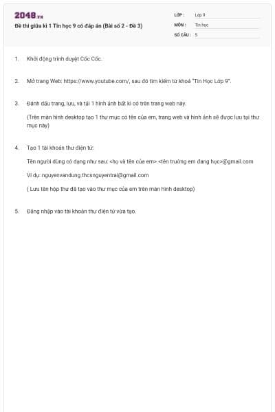 Đề thi giữa kì 1 Tin học 9 có đáp án (Bài số 2 - Đề 3)