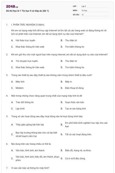 Đề thi Học kì 1 Tin học 9 có đáp án (Đề 1)