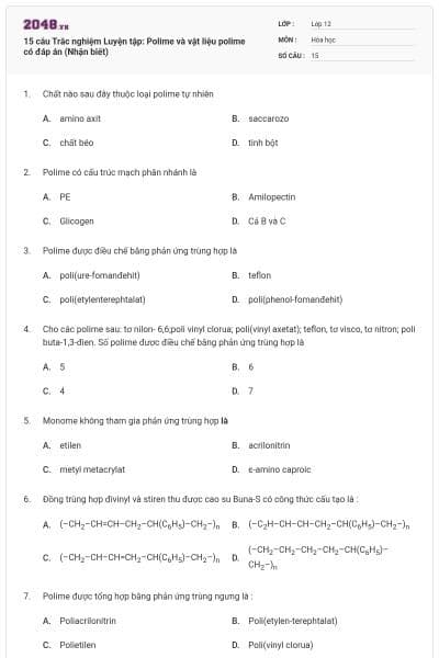 15 câu Trắc nghiệm Luyện tập: Polime và vật liệu polime có đáp án (Nhận biết)