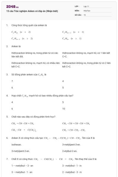 15 câu  Trắc nghiệm Anken có đáp án (Nhận biết)
