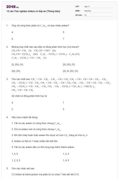 15 câu  Trắc nghiệm Anken có đáp án (Thông hiểu)