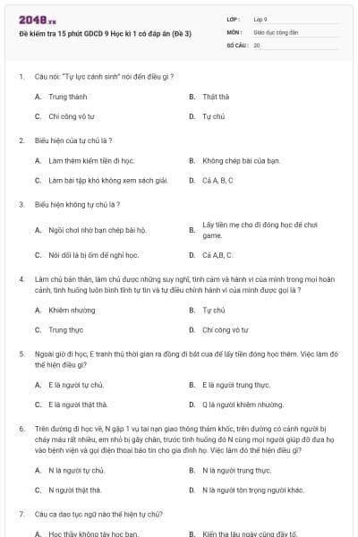 Đề kiểm tra 15 phút GDCD 9 Học kì 1 có đáp án (Đề 3)