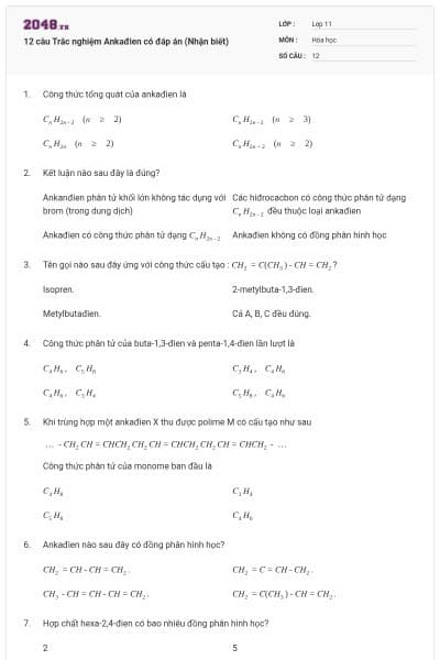 12 câu Trắc nghiệm Ankađien có đáp án (Nhận biết)