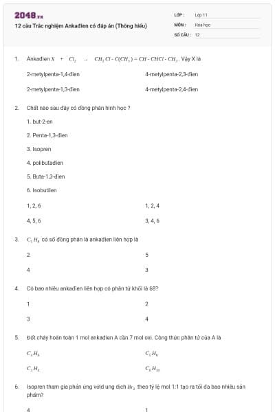 12 câu Trắc nghiệm Ankađien có đáp án (Thông hiểu)