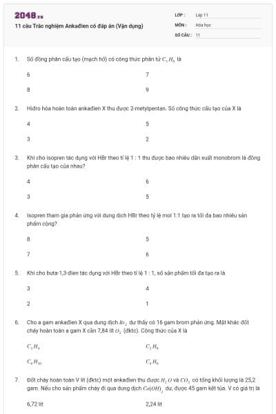 11 câu  Trắc nghiệm Ankađien có đáp án (Vận dụng)