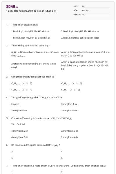 15 câu  Trắc nghiệm Ankin có đáp án (Nhận biết)