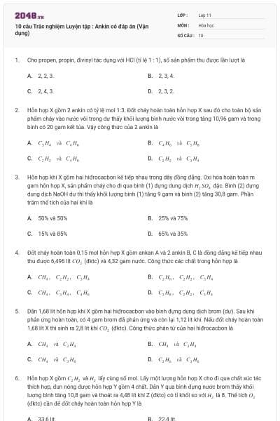 10 câu Trắc nghiệm Luyện tập : Ankin có đáp án (Vận dụng)