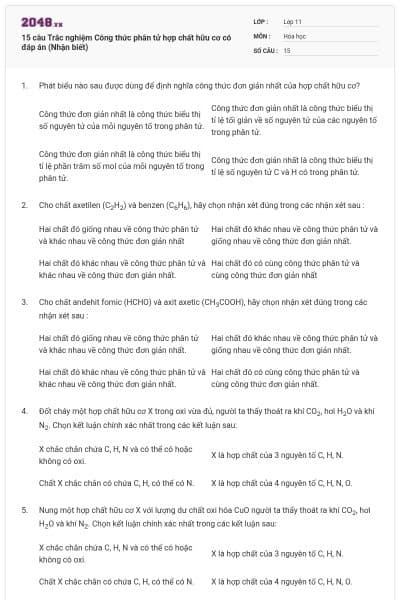 15 câu  Trắc nghiệm Công thức phân tử hợp chất hữu cơ có đáp án (Nhận biết)
