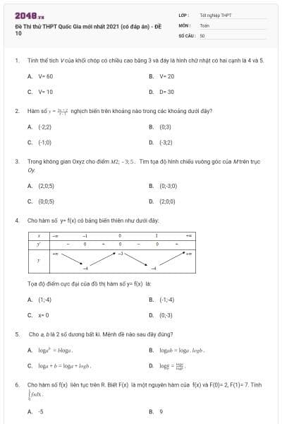 Đề Thi thử THPT Quốc Gia mới nhất 2021 (có đáp án) - ĐỀ 10
