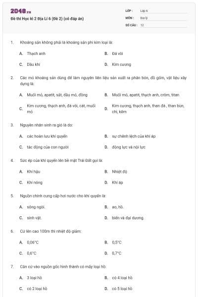 Đề thi Học kì 2 Địa Lí 6 (Đề 2) (có đáp án)