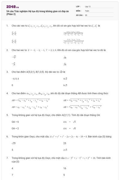 54 câu Trắc nghiệm Hệ tọa độ trong không gian có đáp án (Phần 2)