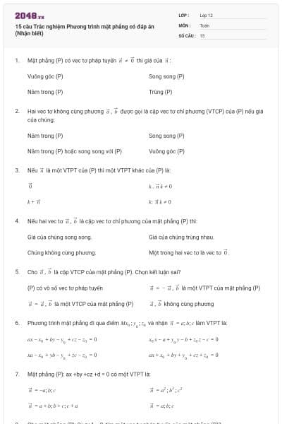 15 câu Trắc nghiệm Phương trình mặt phẳng có đáp án (Nhận biết)