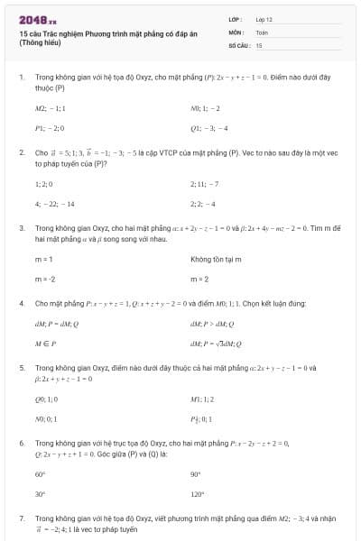 15 câu Trắc nghiệm Phương trình mặt phẳng có đáp án (Thông hiểu)