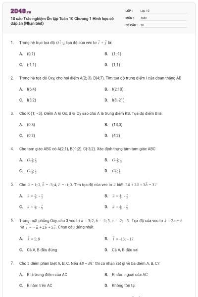 10 câu Trắc nghiệm Ôn tập Toán 10 Chương 1 Hình học có đáp án (Nhận biết)