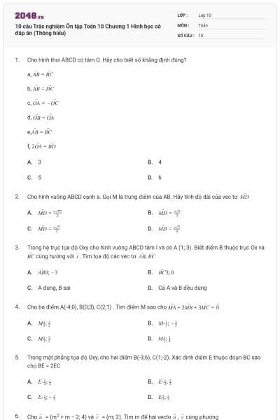 10 câu Trắc nghiệm Ôn tập Toán 10 Chương 1 Hình học có đáp án (Thông hiểu)
