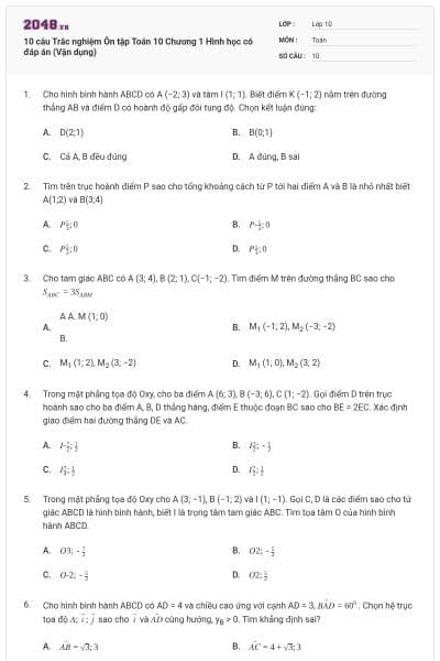 10 câu Trắc nghiệm Ôn tập Toán 10 Chương 1 Hình học có đáp án (Vận dụng)