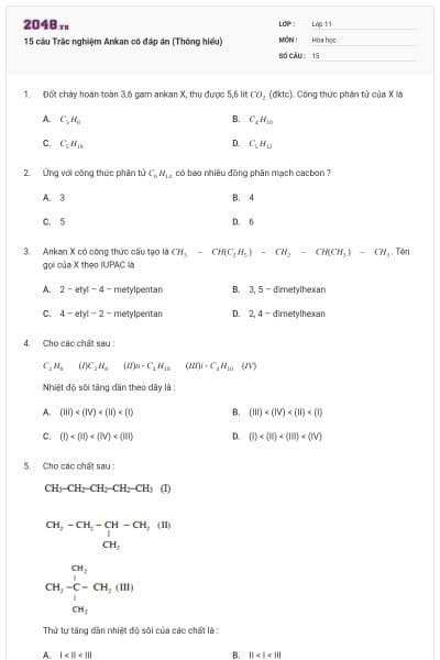 15 câu Trắc nghiệm Ankan có đáp án (Thông hiểu)
