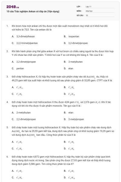 10 câu Trắc nghiệm Ankan có đáp án (Vận dụng)