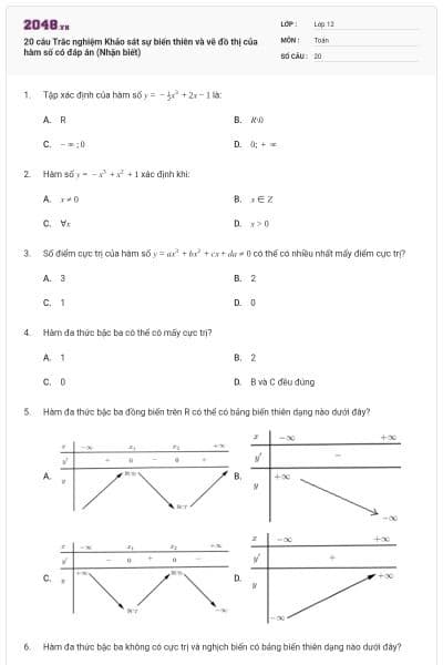 20 câu Trắc nghiệm Khảo sát sự biến thiên và vẽ đồ thị của hàm số có đáp án (Nhận biết)