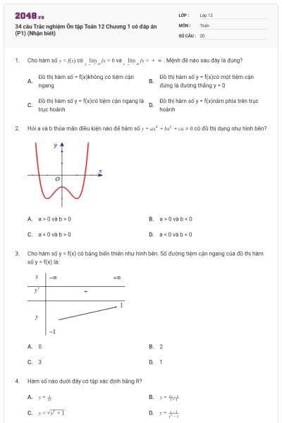 34 câu Trắc nghiệm Ôn tập Toán 12 Chương 1 có đáp án (P1) (Nhận biết)