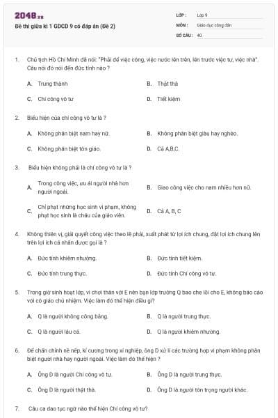 Đề thi giữa kì 1 GDCD 9 có đáp án (Đề 2)