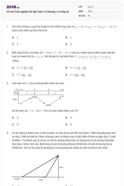 65 câu Trắc nghiệm Ôn tập Toán 12 Chương 1 có đáp án