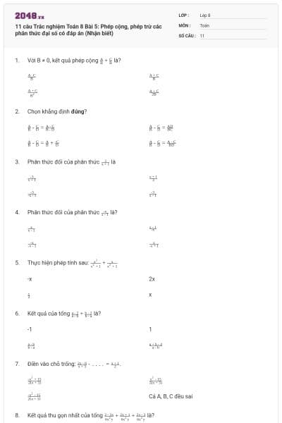 11 câu Trắc nghiệm Toán 8 Bài 5: Phép cộng, phép trừ các phân thức đại số có đáp án (Nhận biết)