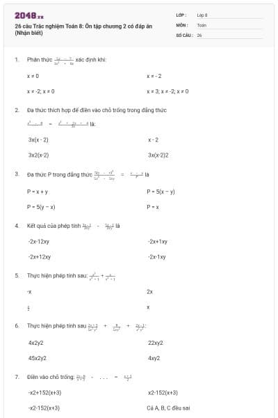 26 câu Trắc nghiệm Toán 8: Ôn tập chương 2 có đáp án (Nhận biết)