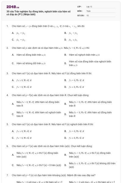 30 câu Trắc nghiệm Sự đồng biến, nghịch biến của hàm số có đáp án (P1) (Nhận biết)