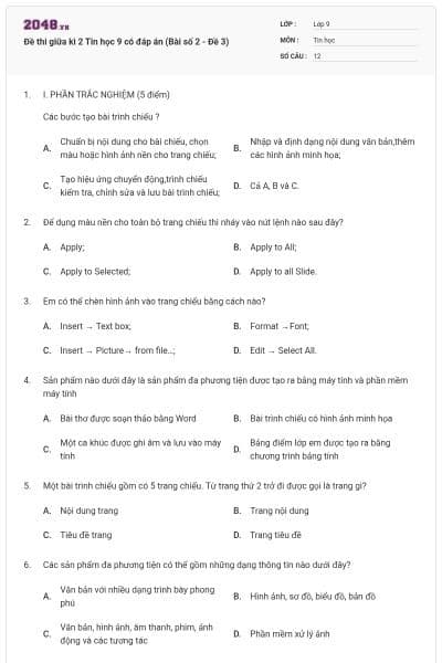 Đề thi giữa kì 2 Tin học 9 có đáp án (Bài số 2 - Đề 3)