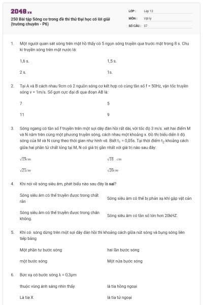 250 Bài tập Sóng cơ trong đề thi thử Đại học có lời giải (trường chuyên - P6)