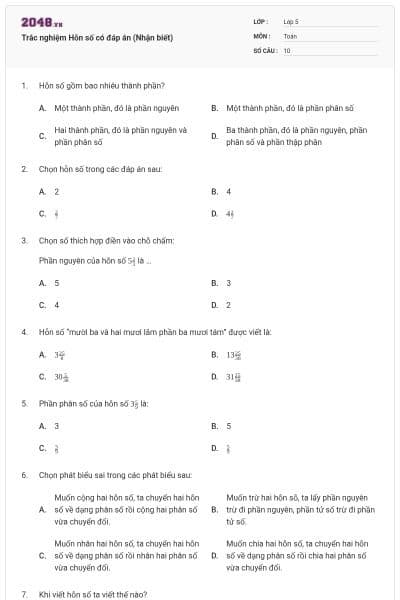Trắc nghiệm Hỗn số có đáp án (Nhận biết)