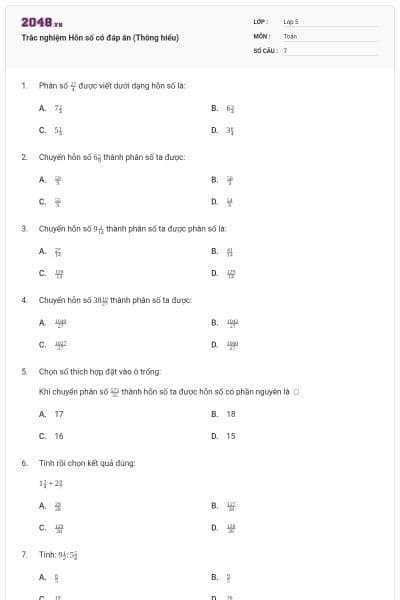 Trắc nghiệm Hỗn số có đáp án (Thông hiểu)