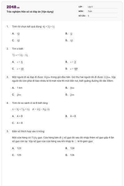 Trắc nghiệm Hỗn số có đáp án (Vận dụng)