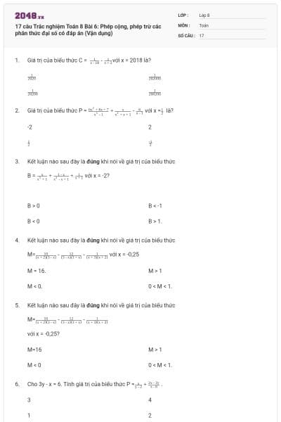 17 câu Trắc nghiệm Toán 8 Bài 6: Phép cộng, phép trừ các phân thức đại số có đáp án (Vận dụng)
