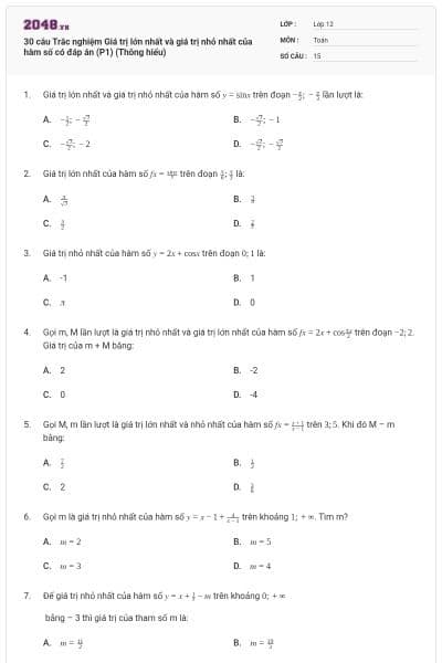 30 câu Trắc nghiệm Giá trị lớn nhất và giá trị nhỏ nhất của hàm số có đáp án (P1) (Thông hiểu)