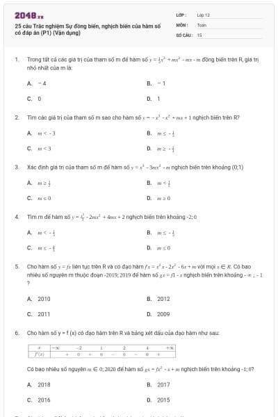 25 câu Trắc nghiệm Sự đồng biến, nghịch biến của hàm số có đáp án (P1) (Vận dụng)