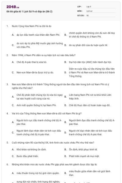 Đề thi giữa kì 1 Lịch Sử 9 có đáp án (Đề 2)