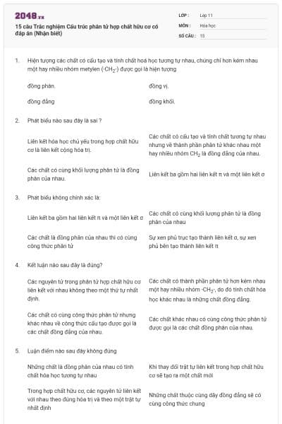 15 câu  Trắc nghiệm Cấu trúc phân tử hợp chất hữu cơ có đáp án (Nhận biết)