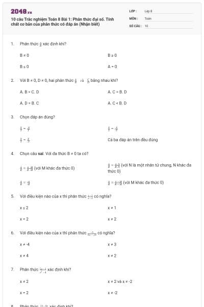 10 câu Trắc nghiệm Toán 8 Bài 1: Phân thức đại số. Tính chất cơ bản của phân thức có đáp án (Nhận biết)
