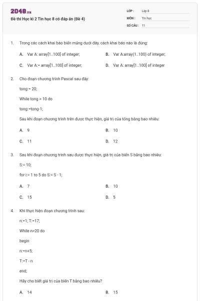 Đề thi Học kì 2 Tin học 8 có đáp án (Đề 4)